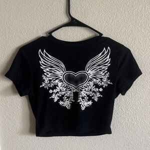 SHEIN Black Crop Top with White Winged Heart Design